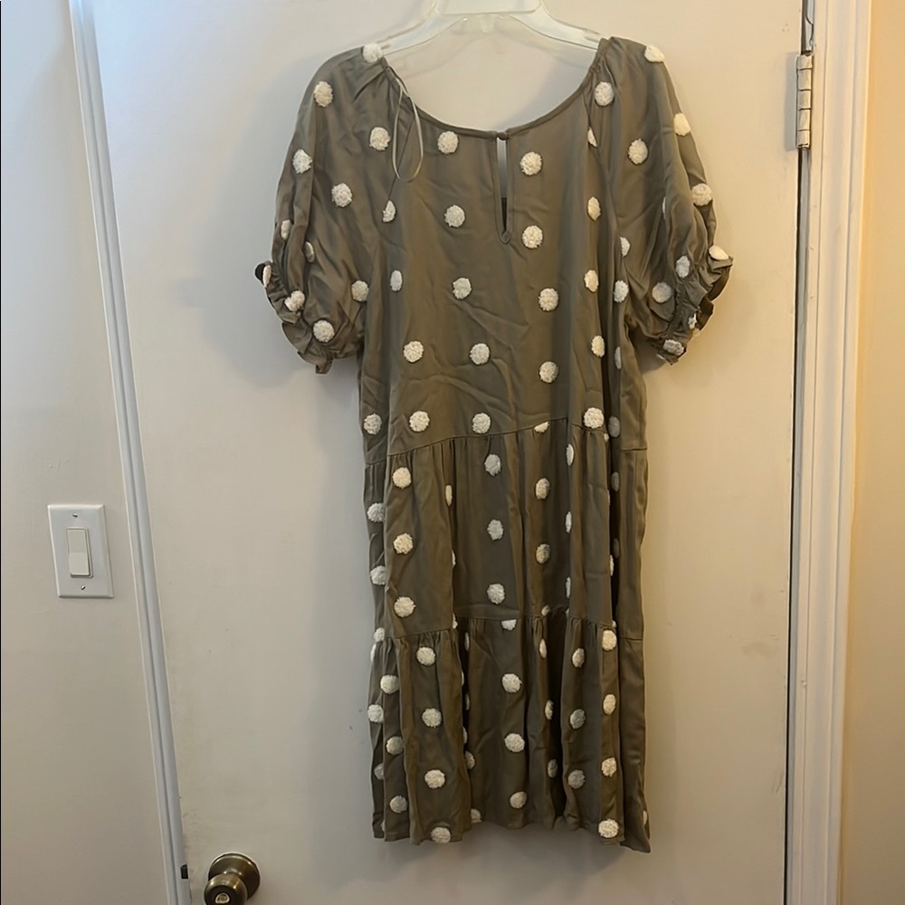 Olive Green Top Dress with Textured Polka Dots - Small - Picture 7 of 8